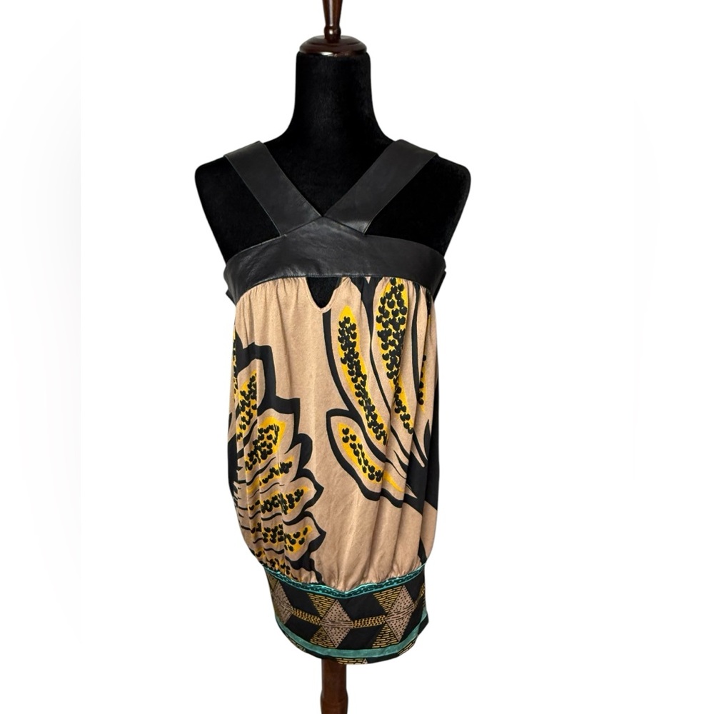 Marciano Silk and Leather halter Floral Black and Tan Dress - Picture 6 of 13